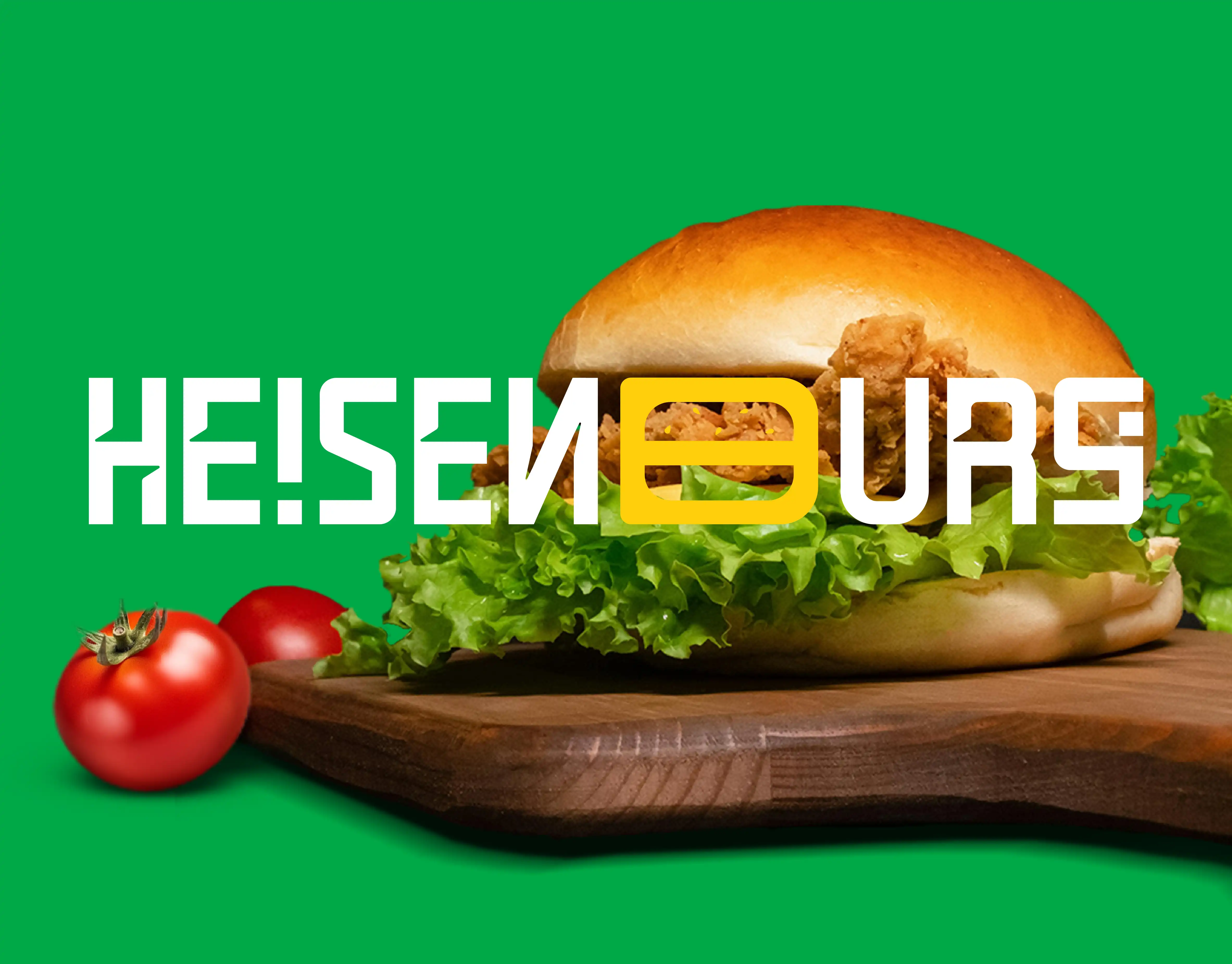Heisenburg burger photography on green with the geometric white wordmark and yellow burger-form character.