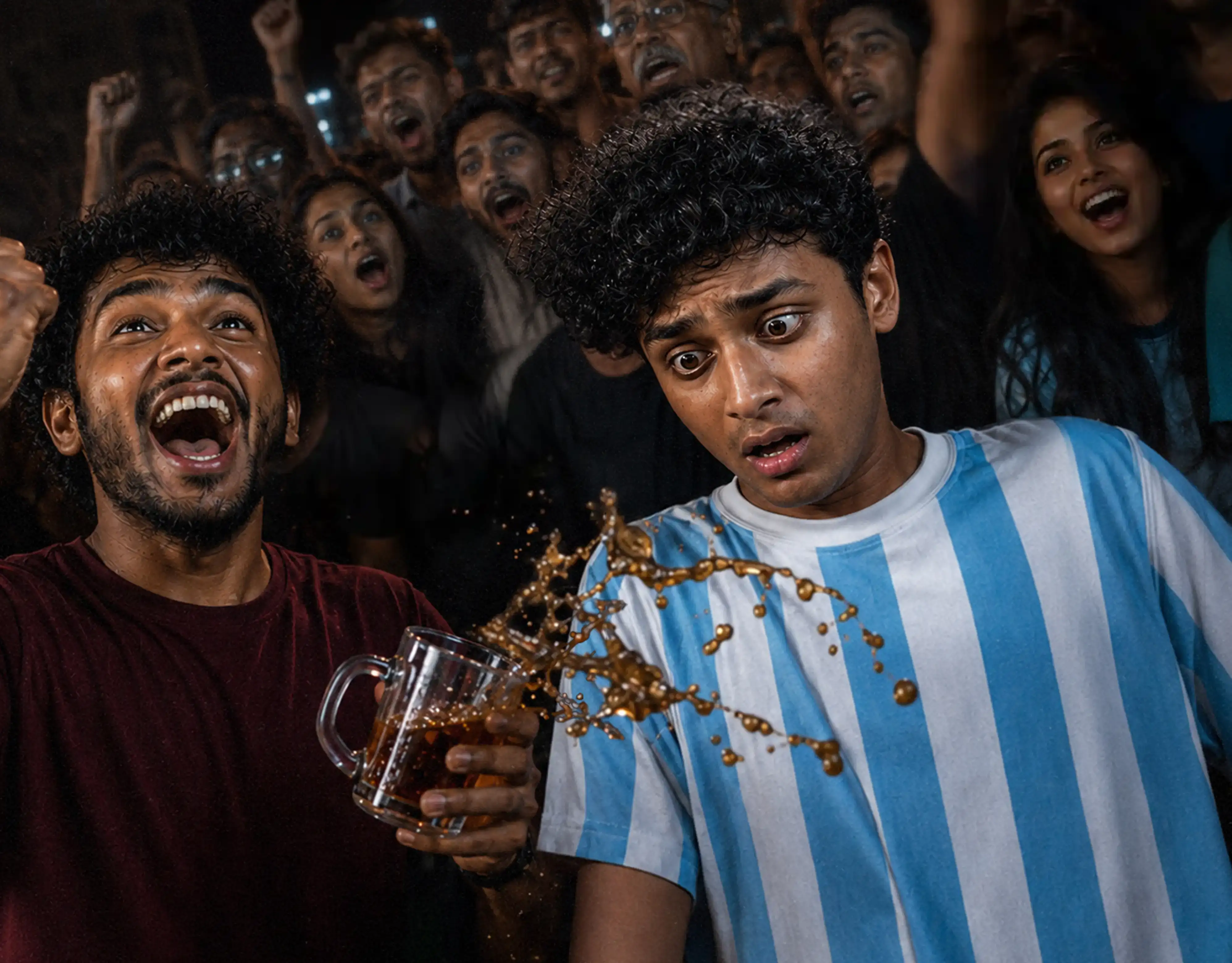 Two football supporters react differently as an incoming drink spill interrupts a watch-party celebration.