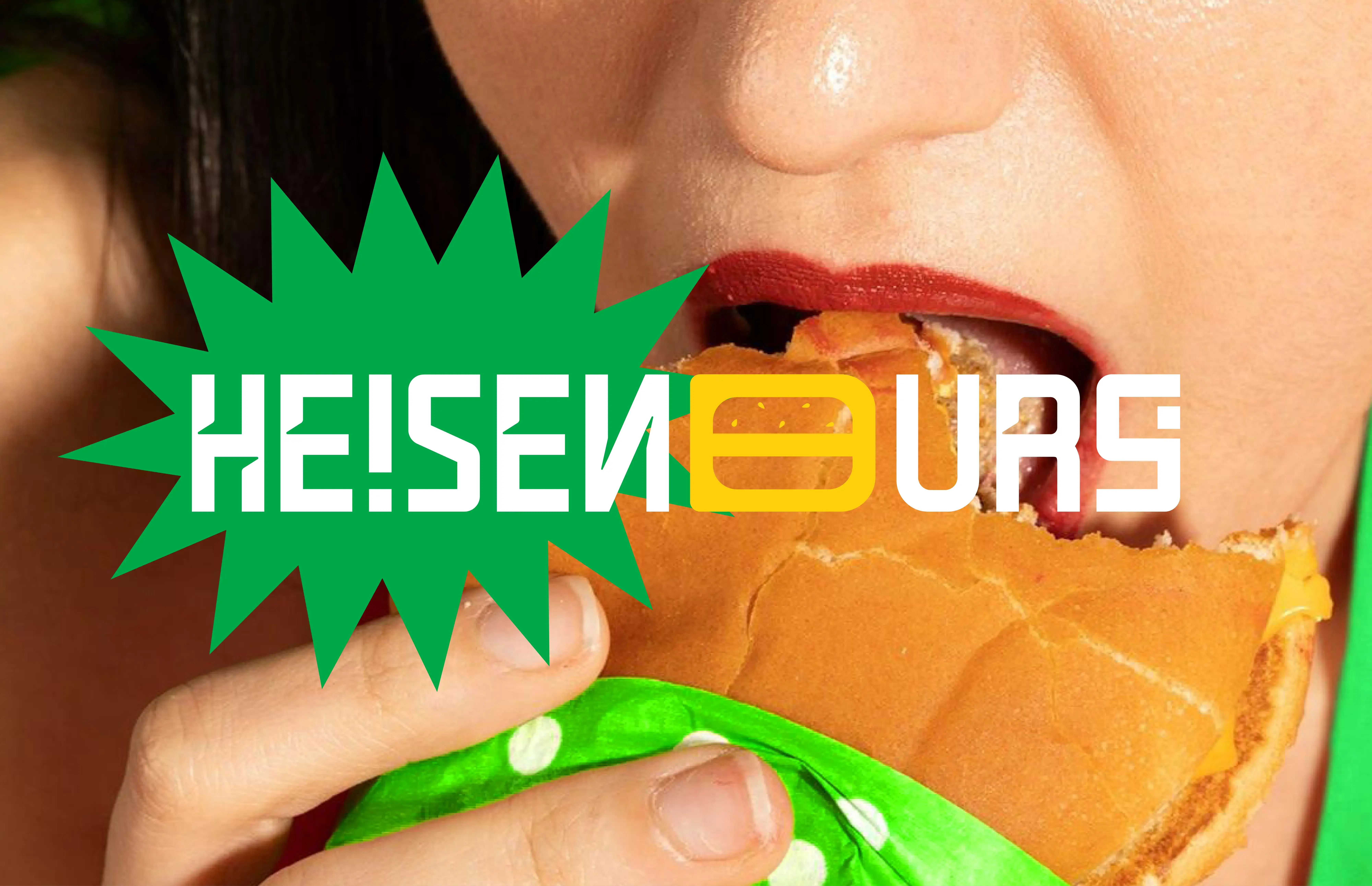 A woman holds a Heisenburg burger against a green background beside the white geometric wordmark and yellow burger-form character.