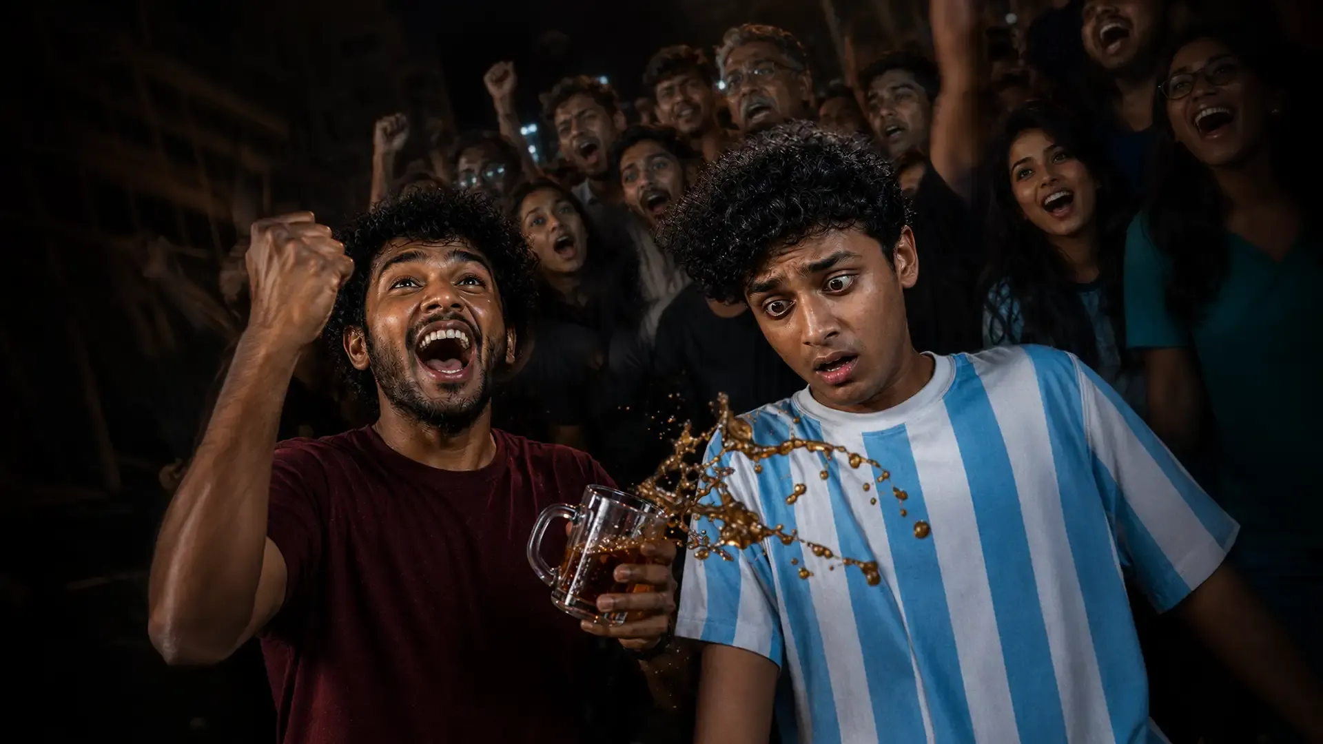 Two football supporters react differently as an incoming drink spill interrupts a crowded watch-party celebration.