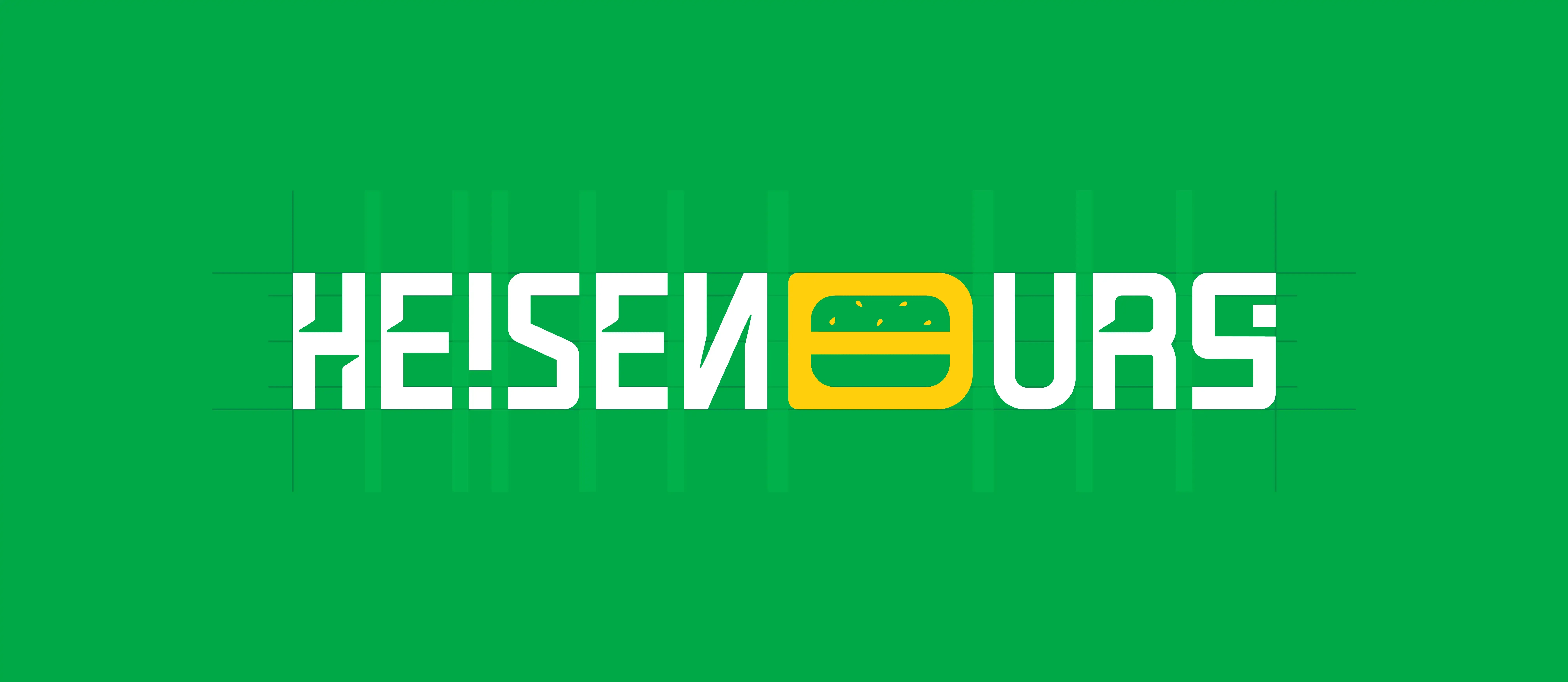 Heisenburg wordmark construction diagram showing its geometric letter structure and integrated burger-form character.