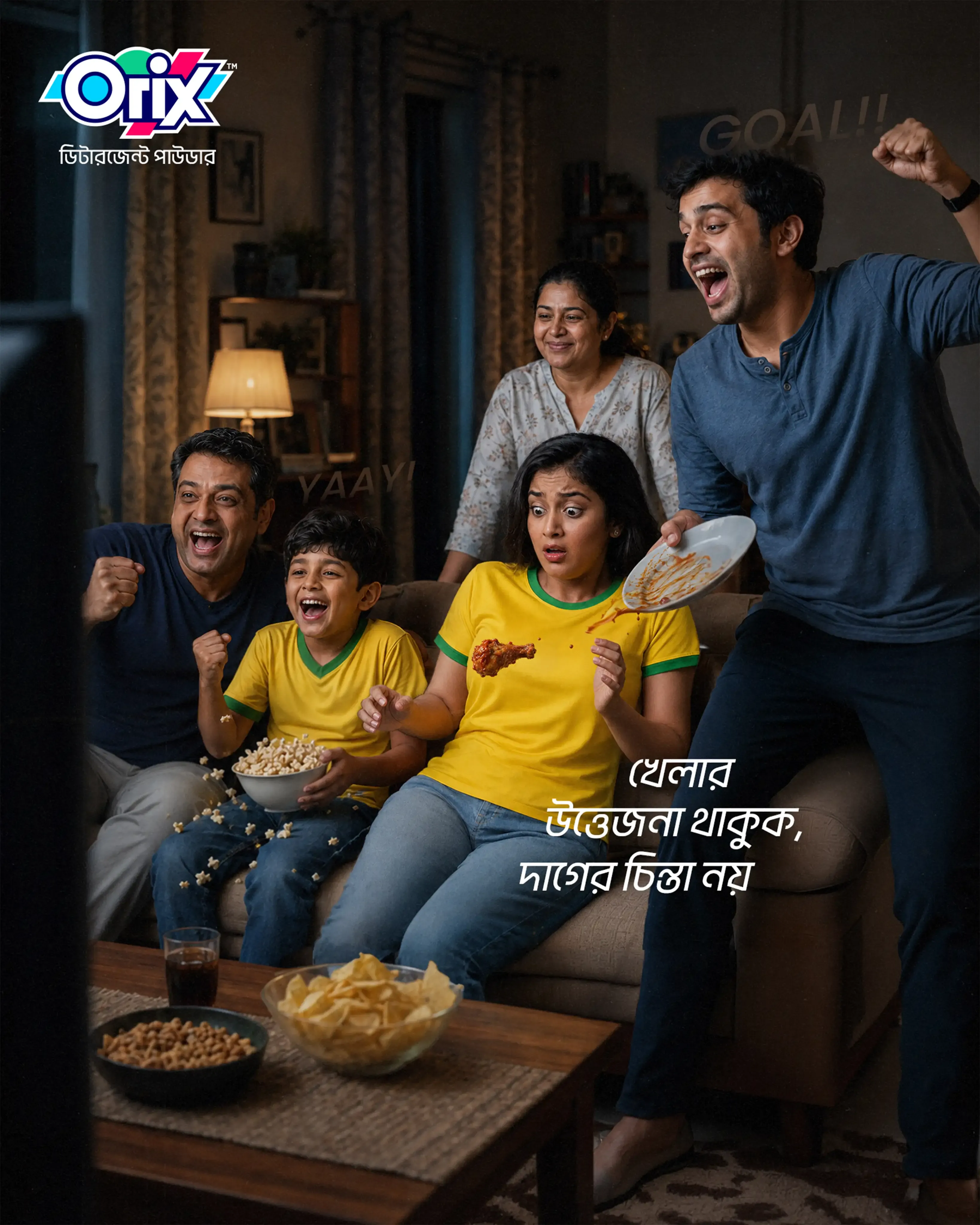Orix home campaign execution showing a family celebration interrupted by an incoming food spill, with the Orix logo and Bangla campaign line.
