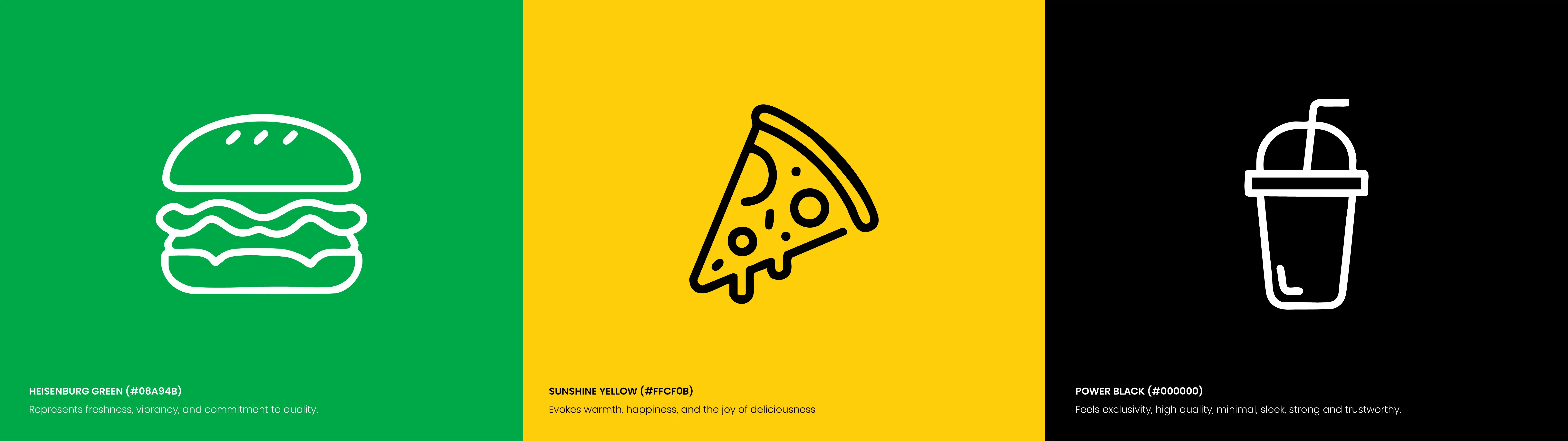 Heisenburg visual language board showing the green, yellow and black palette, burger-form character, starburst and vertical-line devices.