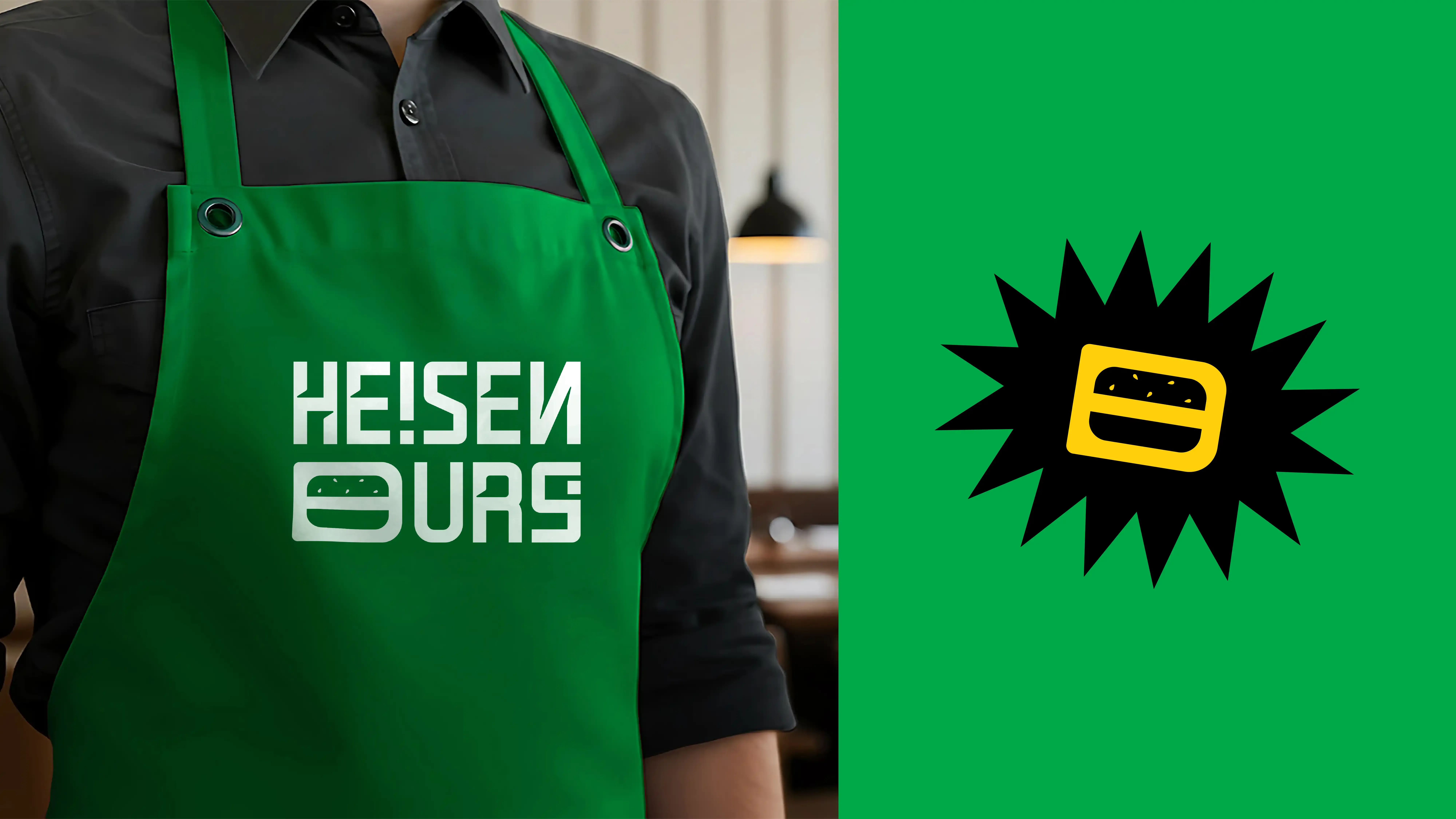 Heisenburg green staff apron with the white wordmark beside the yellow burger-form character in a black starburst.