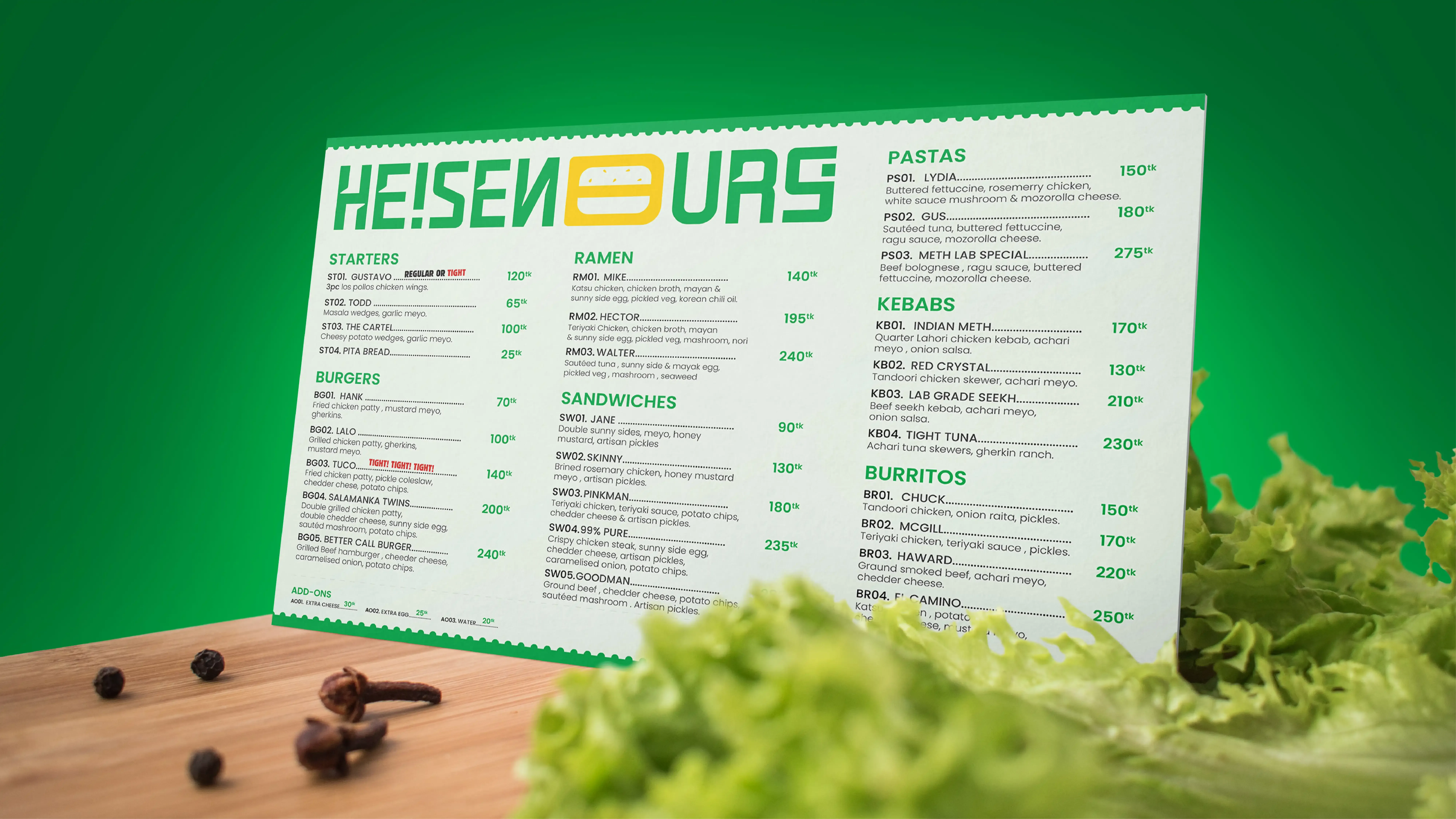 Heisenburg menu board on a green background showing the wordmark, food categories and item pricing.