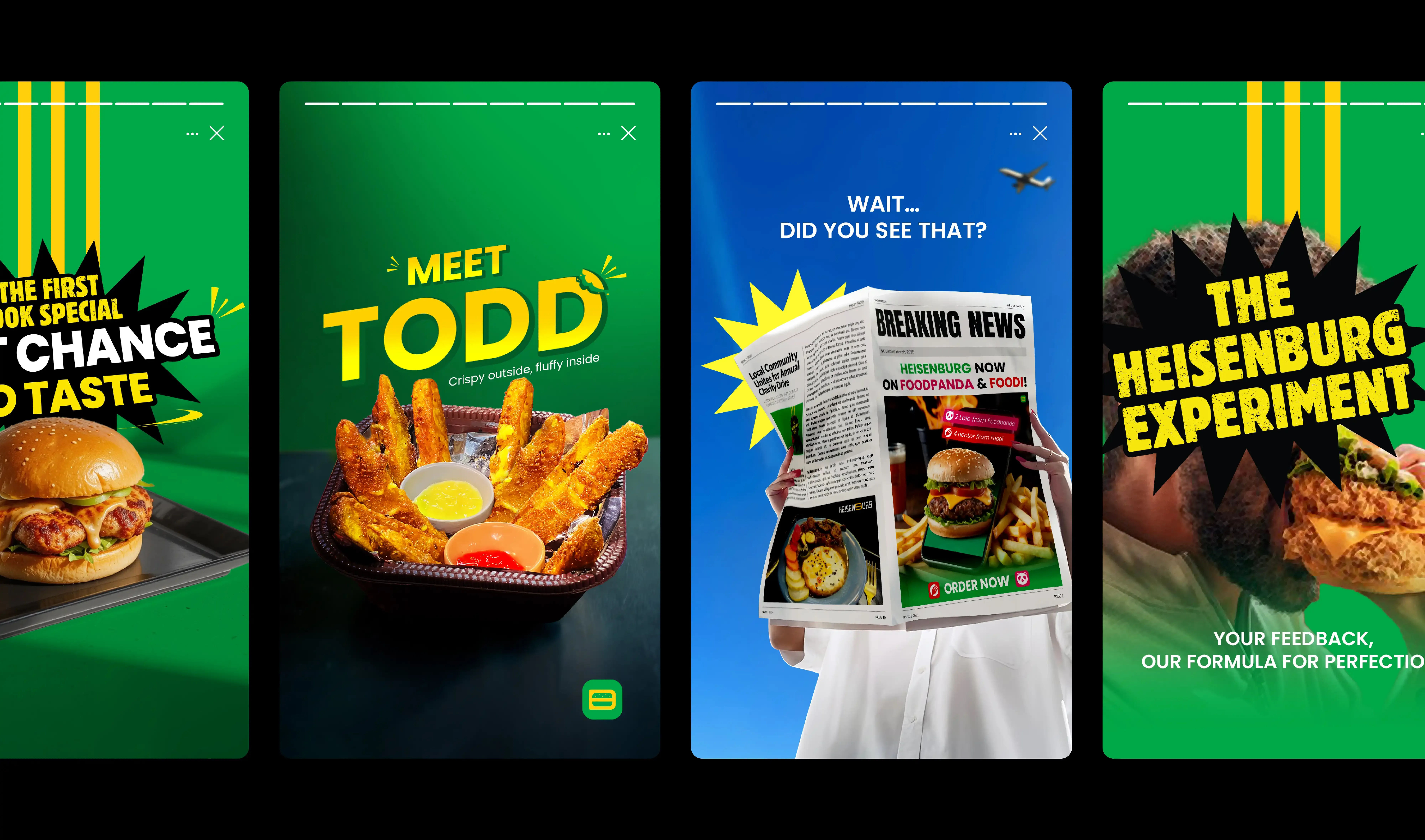 Four Heisenburg social campaign designs using green, yellow, black, food photography, starbursts and direct headlines.