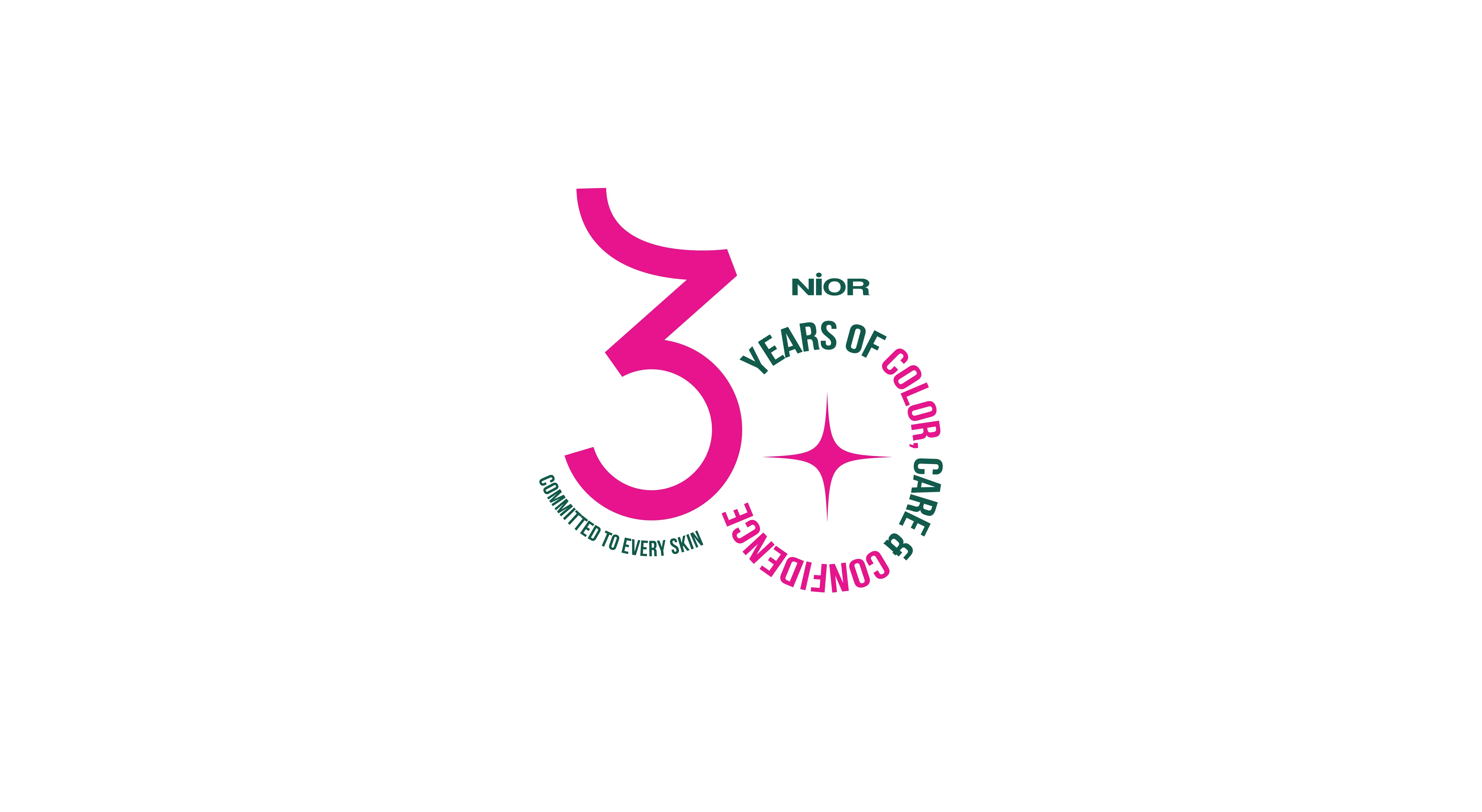 Nior 30 years campaign mnemonic in pink and green lettering on white.