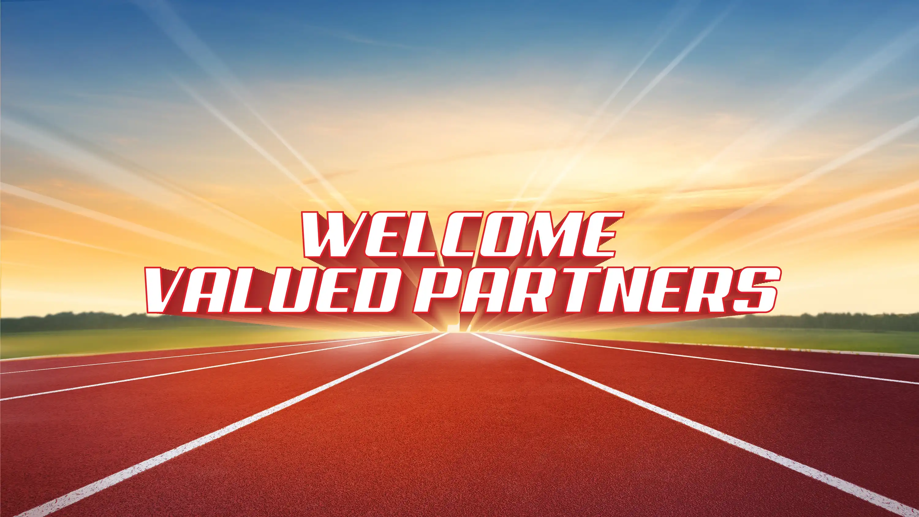 Welcome Valued Partners event mnemonic over an athletics track at sunrise.