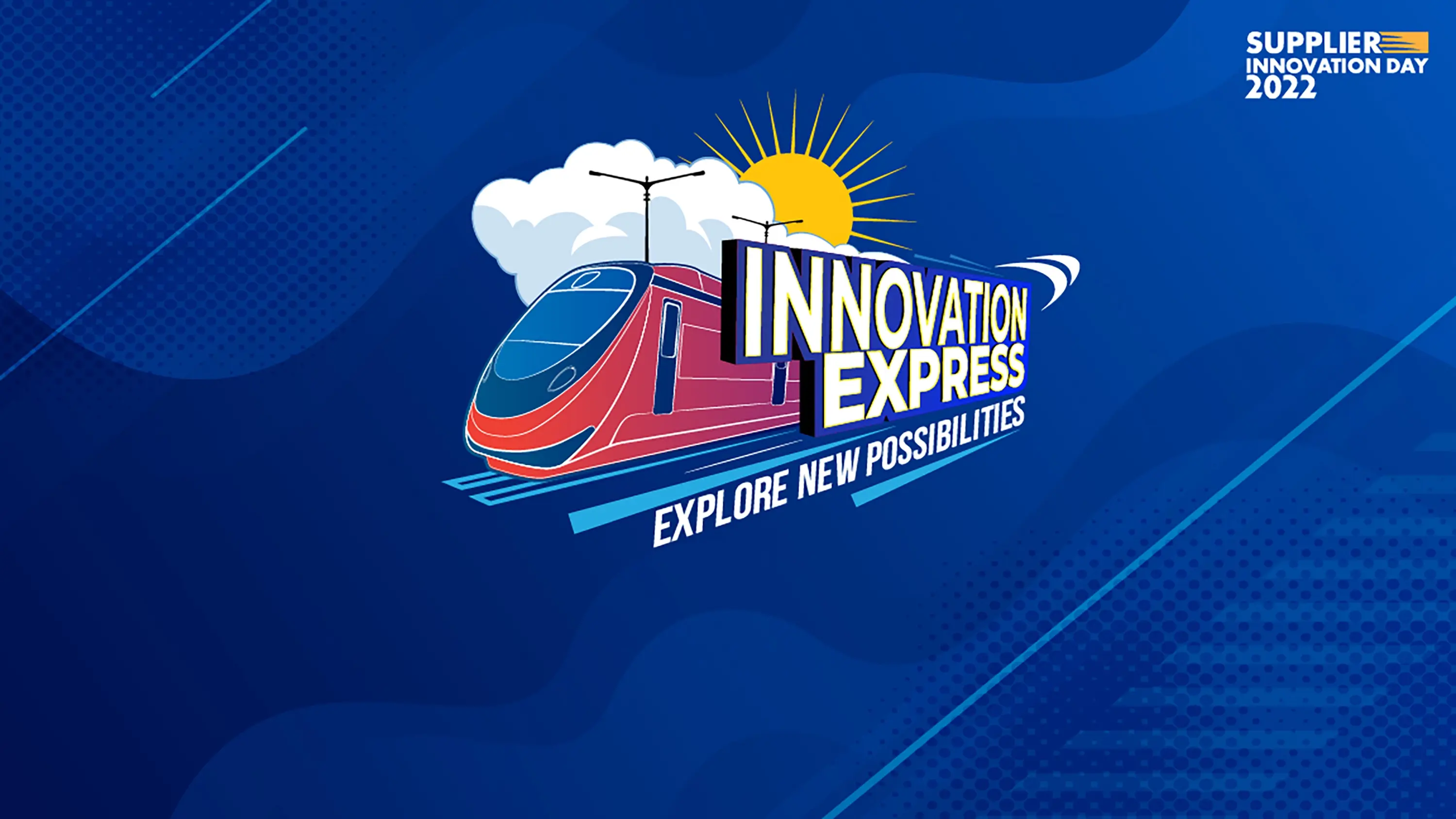 Innovation Express campaign mnemonic featuring an illustrated train, sun and clouds on a blue background.