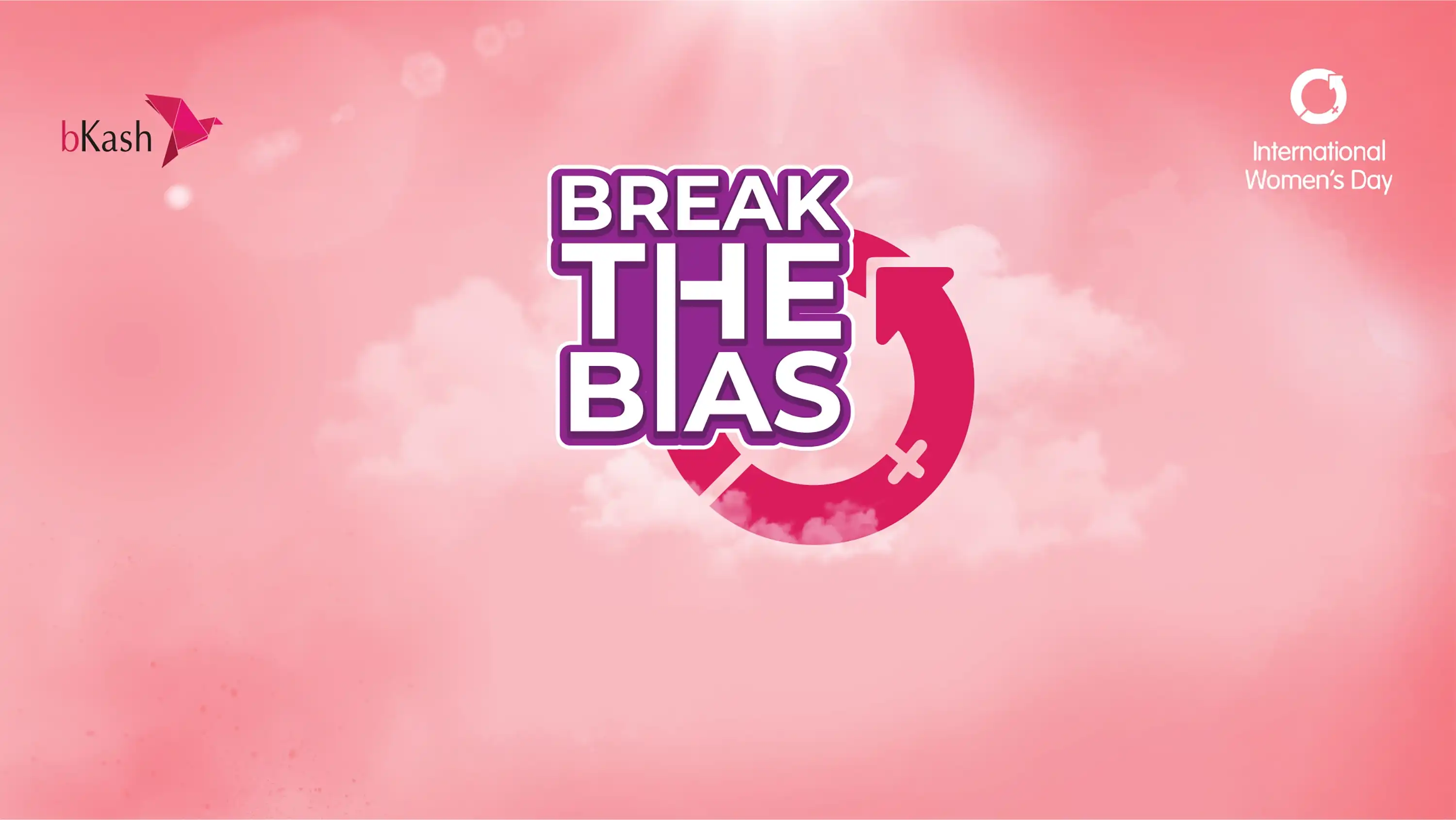 Break the Bias campaign mnemonic for International Women's Day on a pink background.