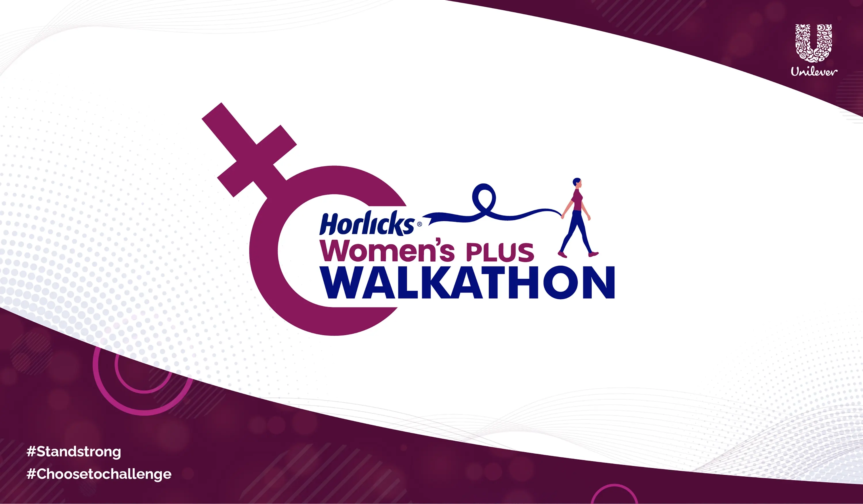 Horlicks Women's Plus Walkathon campaign mnemonic on a white and purple composition.