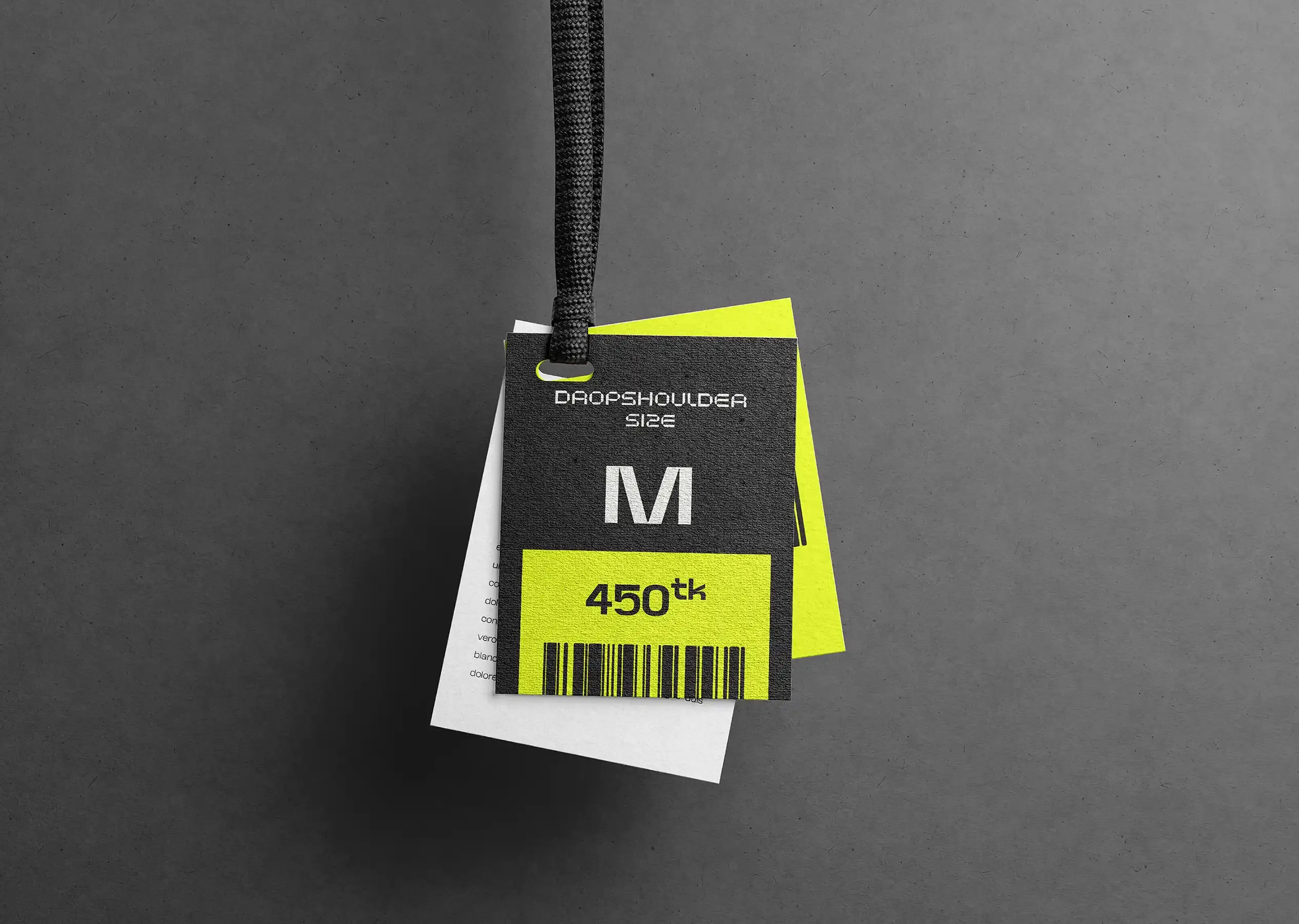 House47 garment size and price tag applications in black and electric yellow.