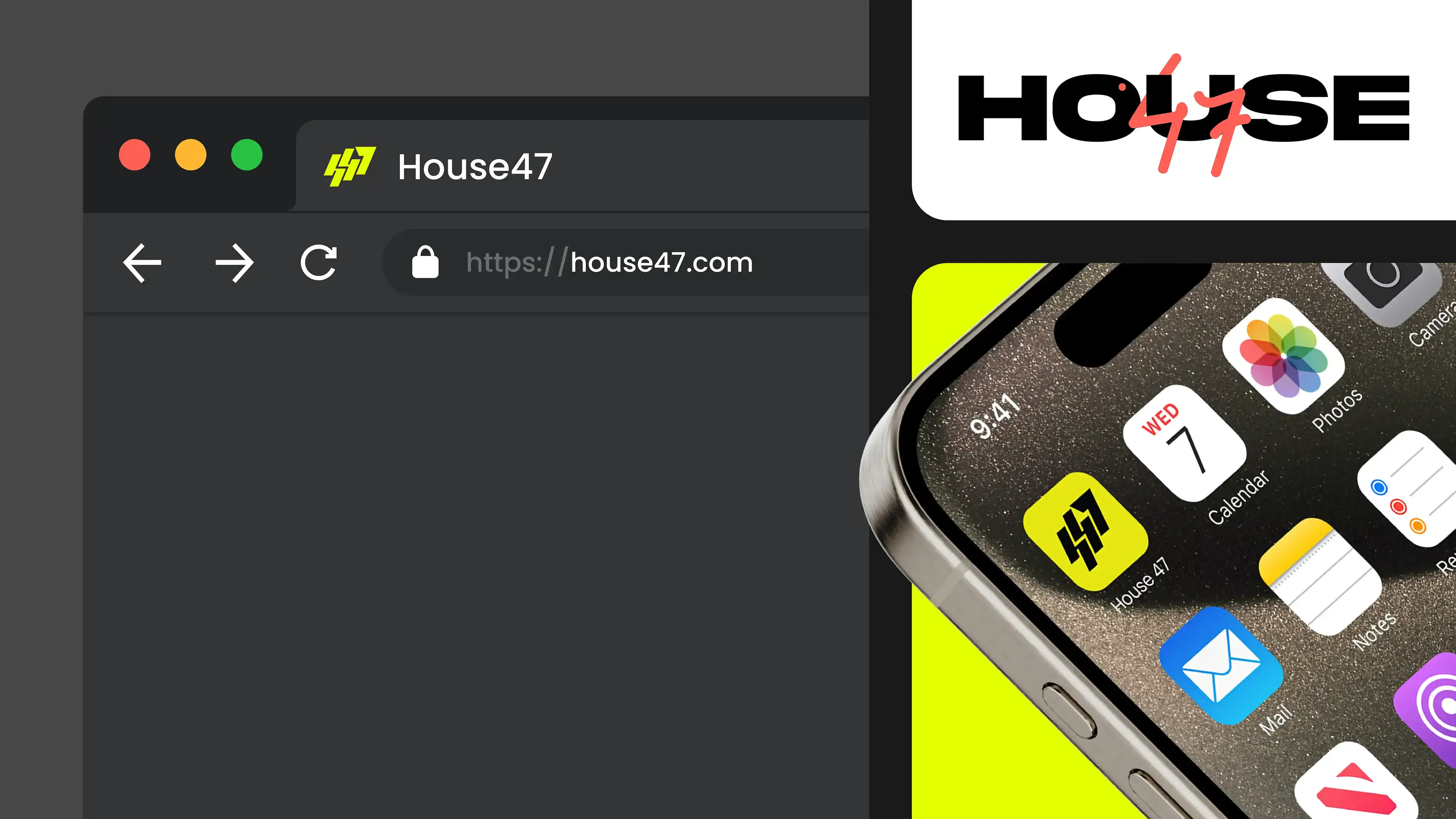 House47 identity shown in a browser tab and as a mobile app icon.