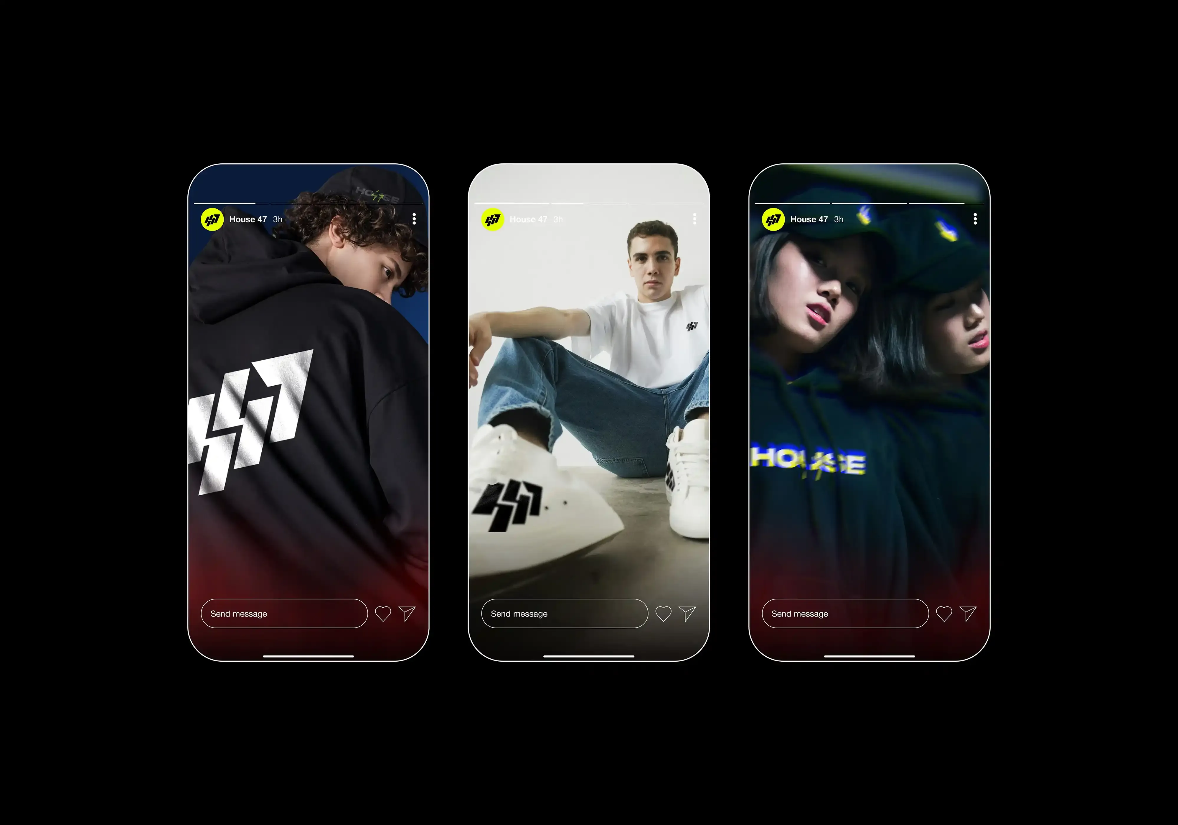 Three House47 social story layouts using branded apparel photography.
