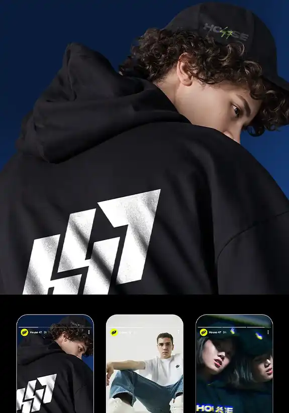 House47 streetwear presentation featuring a black hoodie and the interlocking badge system.