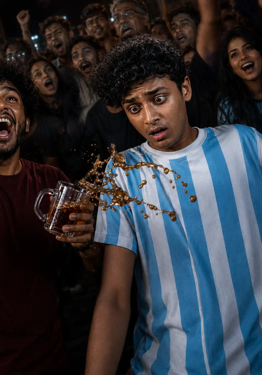 Two football supporters react differently as an incoming drink spill interrupts a watch-party celebration.